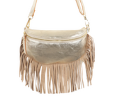 Sophia Gold Half Moon Leather Crossbody Bag With Fringe Trim